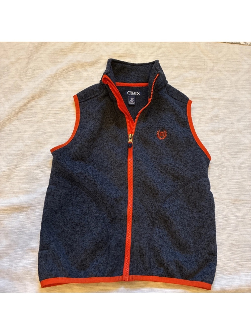 Chaps Boys Full Zip Fleece Sweater Vest Navy Orange Trim Size 8